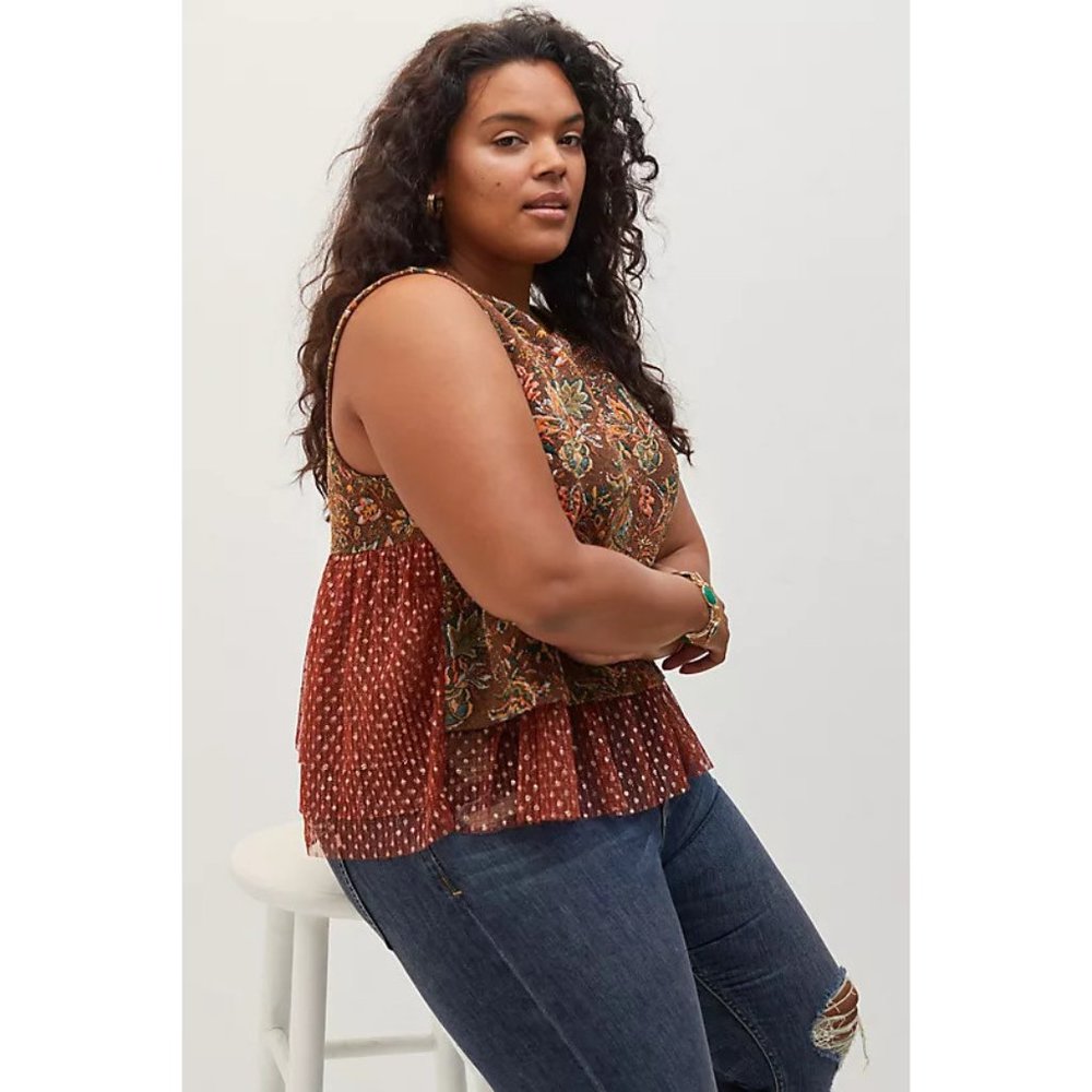 Anthropologie Eva Franco Jacquard Sleeveless Brown Floral Top Plus Sizes - Picture 5 of 8